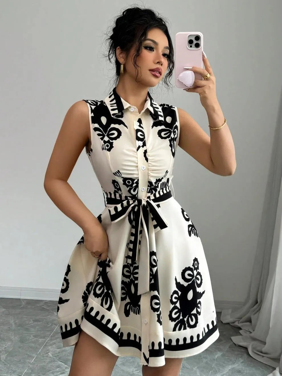 Printed Button-Front Sleeveless Dress