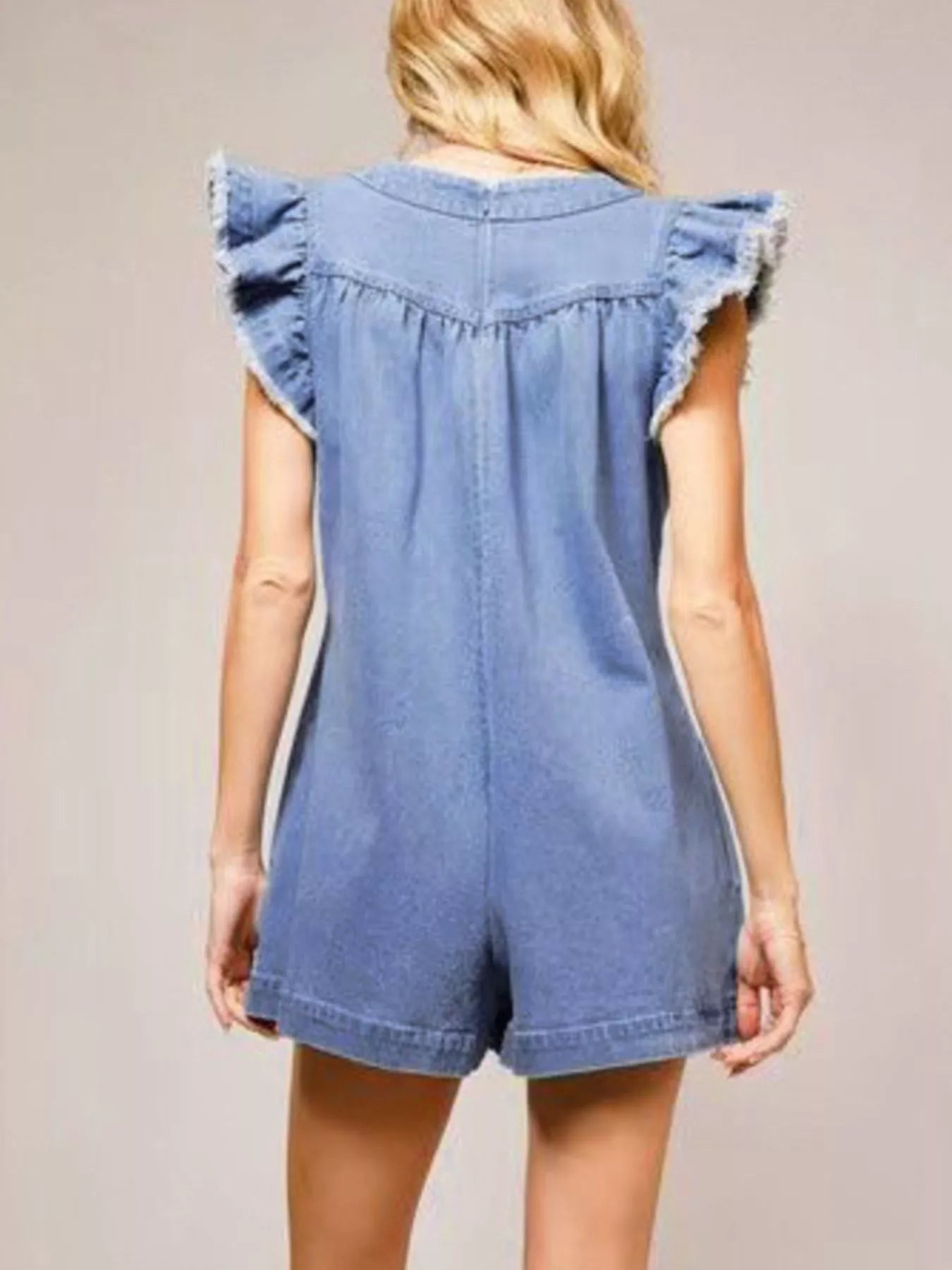 Ruffle Sleeve Denim Romper in Blue