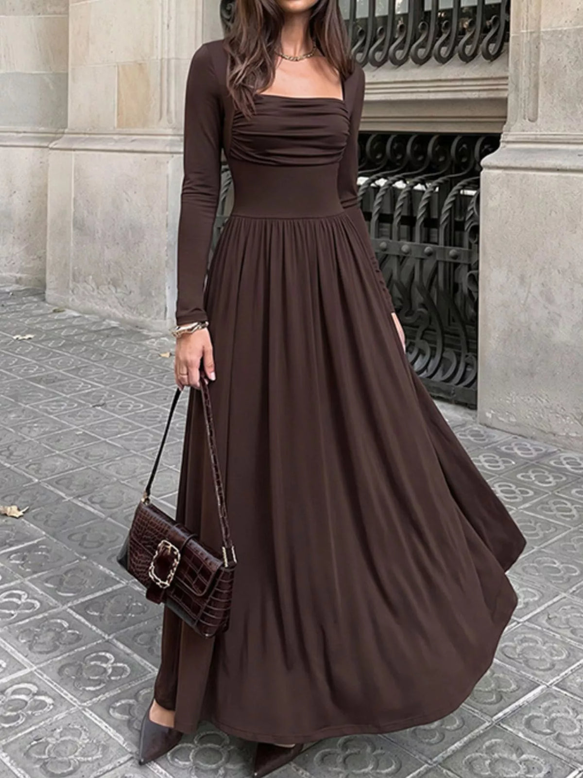 Ruched Square Neck Long Sleeve Maxi Dress in Coffee Brown