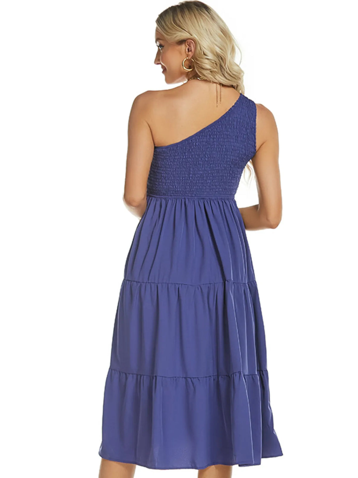 One-Shoulder Smocked Tiered Midi Dress by ArtisticExpression