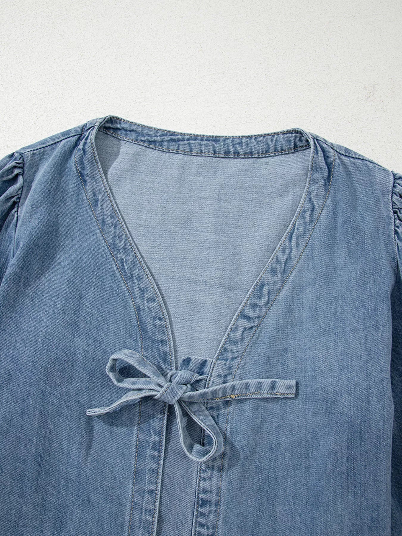 Tied Front Puff Sleeve Denim Top in Dusty Blue
