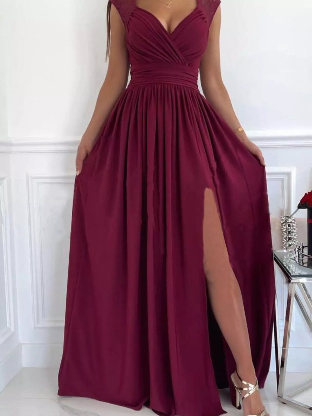 Lace Detail High Slit Maxi Dress