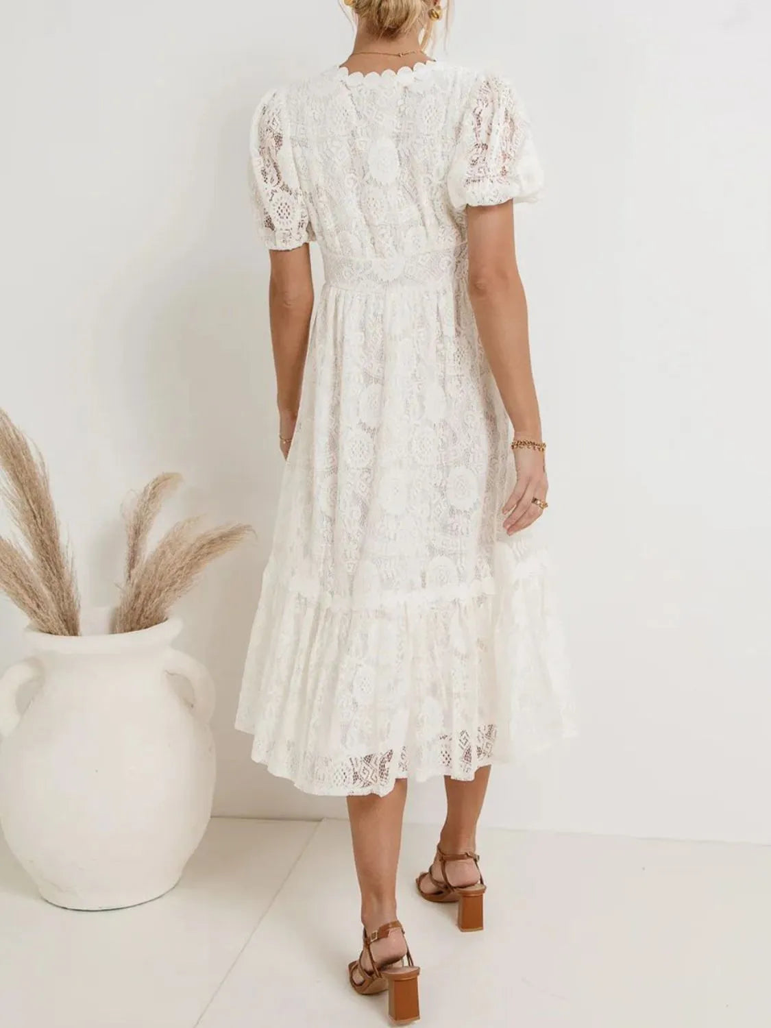 Lace V-Neck Short Sleeve Dress in Dusty Pink