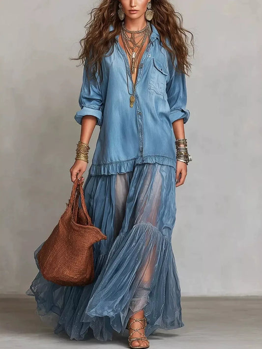 Tiered Long-Sleeve Denim Shirt Maxi Dress, Plus Size