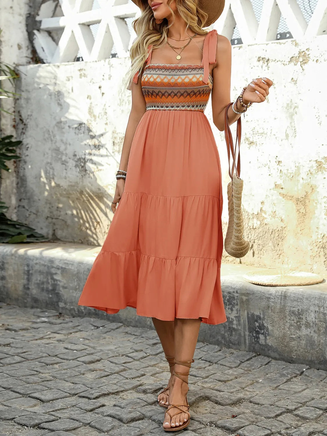 Tie-Shoulder Tiered Midi Dress in Cerise