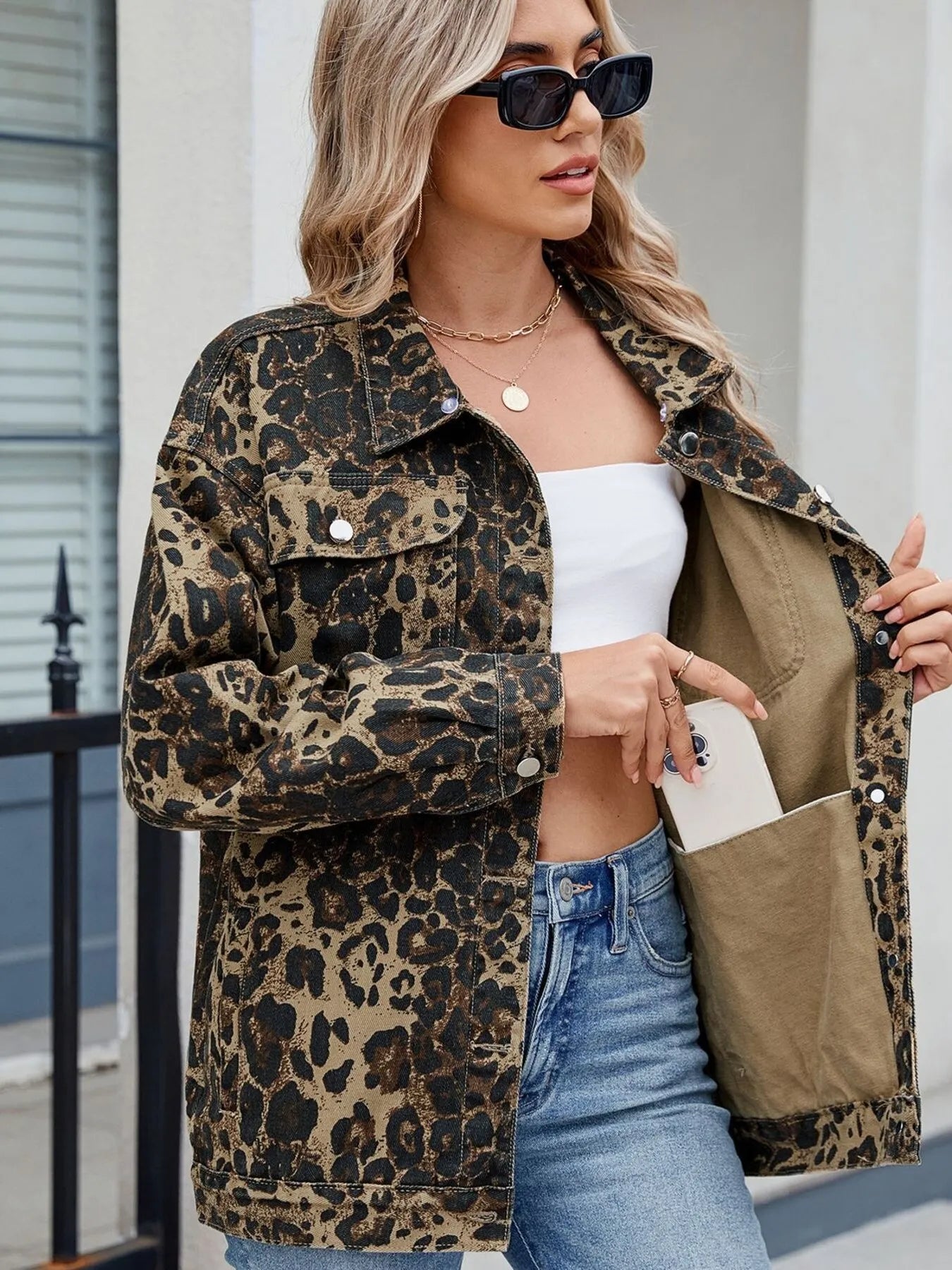 Leopard Print Oversized Denim Jacket by Moni Wear