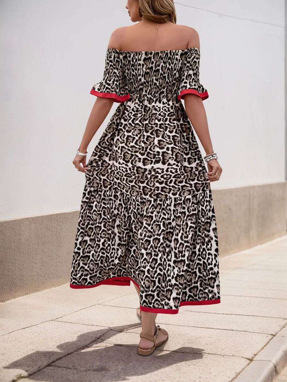 Leopard Off-Shoulder Flounce Sleeve Midi Dress