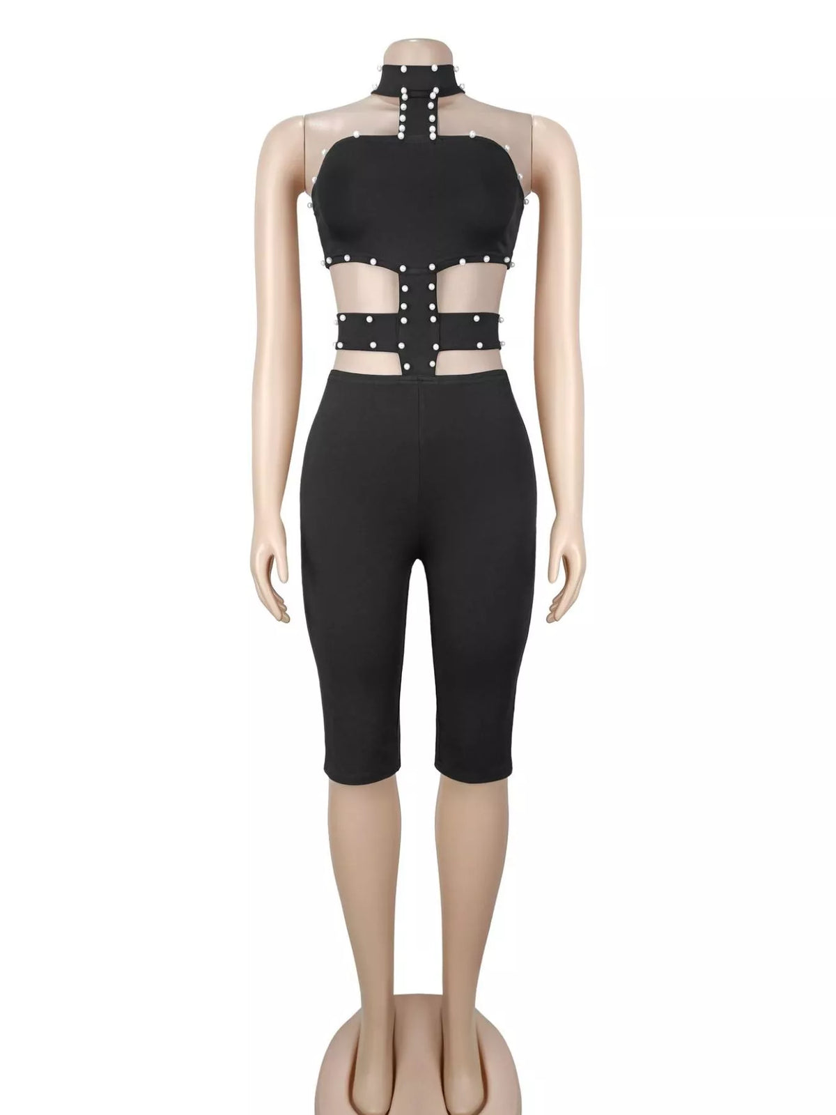 Studded Halter Cut-Out Romper in Black