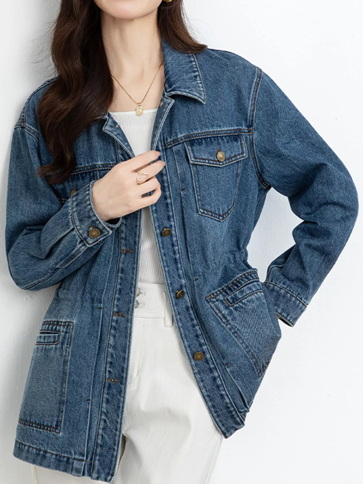 Washed Denim Button-Up Jacket in Blue