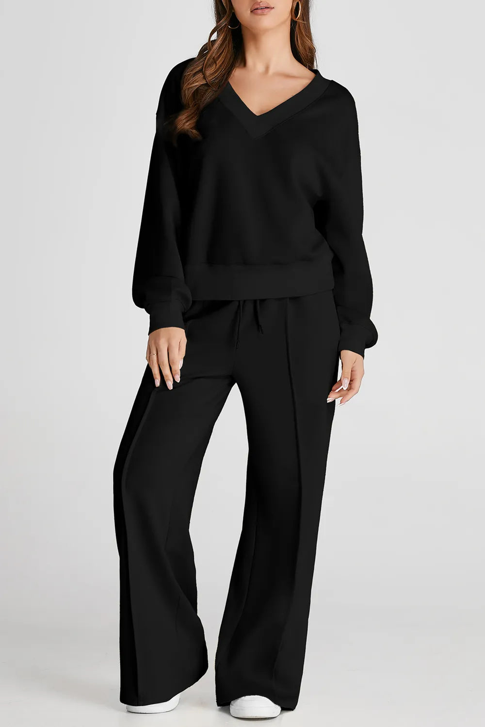 V-Neck Long-Sleeve Top and Pants Active Set in Black