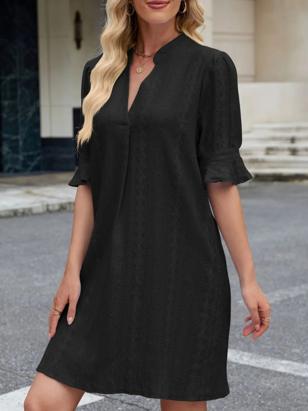 Eyelet Flounce Sleeve Mini Dress