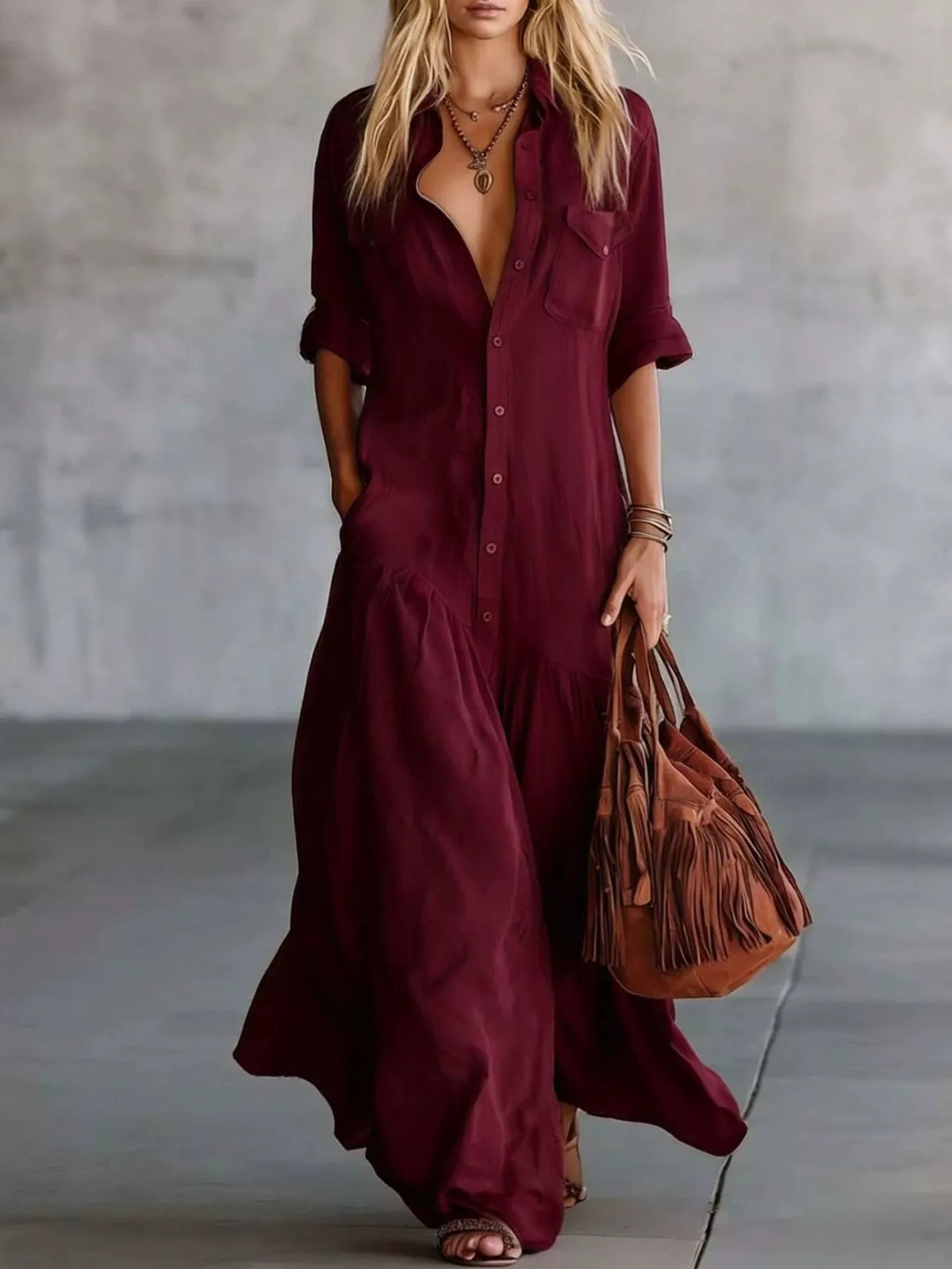 Button Front Roll-Up Sleeve Maxi Dress
