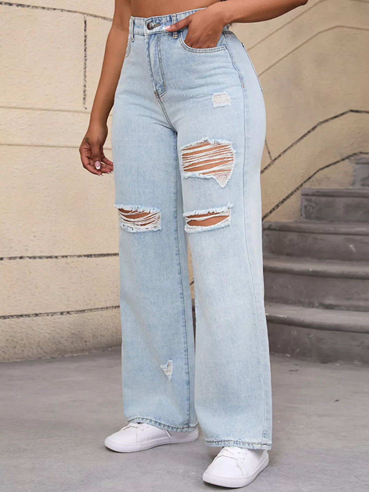 Distressed Wide Leg Jeans with Cat's Whisker Detail