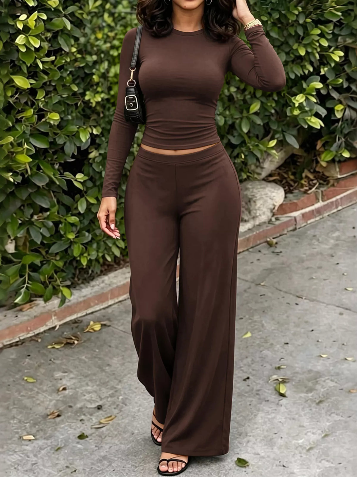 Slim Fit Crop Top and Wide Leg Pant Set in Brown