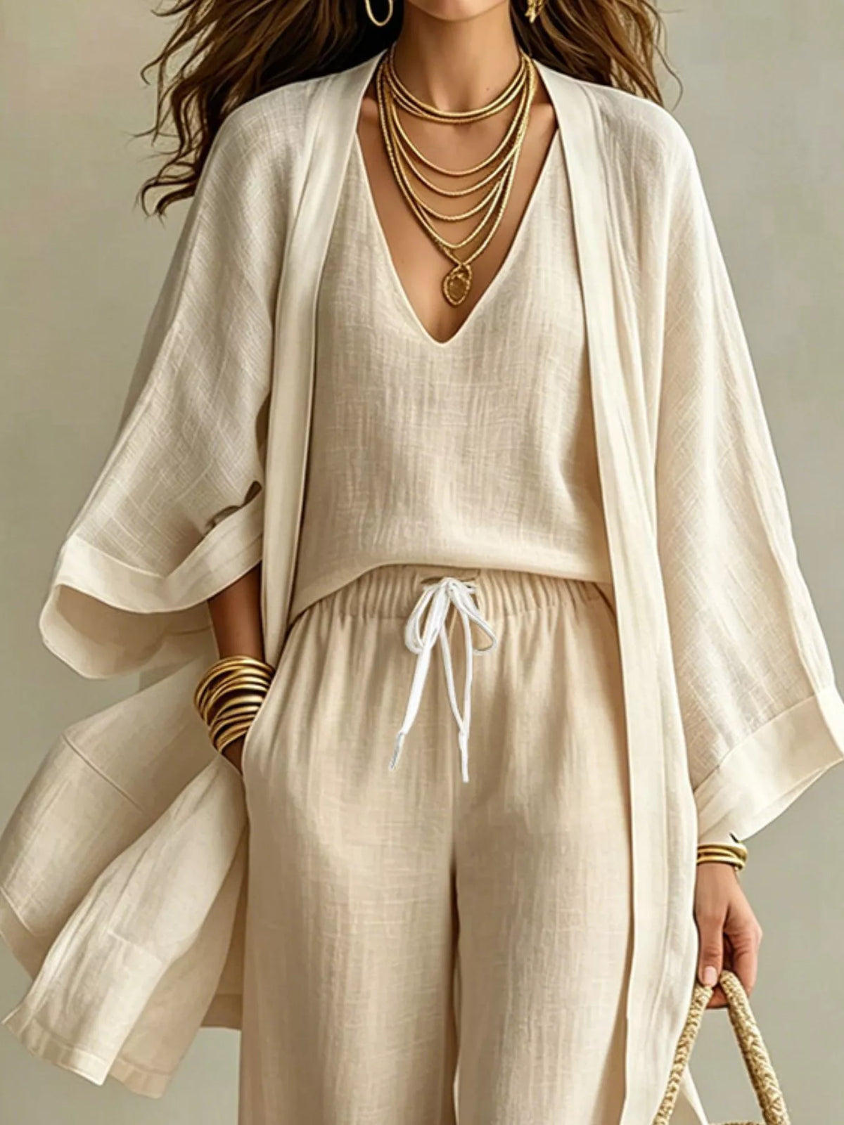 V-Neck Top, Cardigan and Pants Set