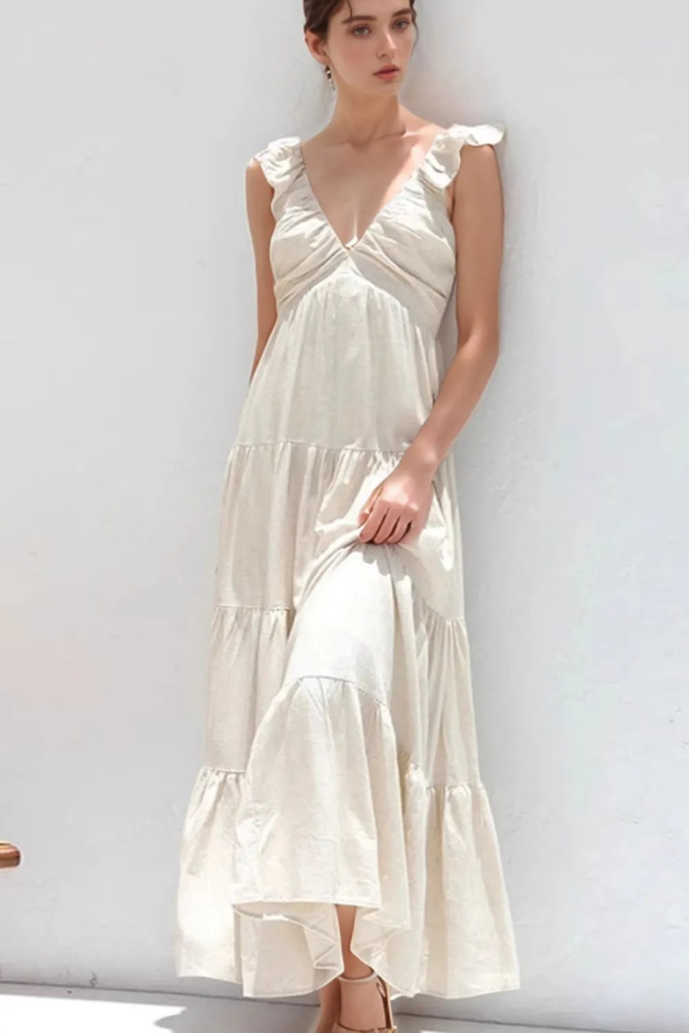 Ruffled V-Neck Tiered Cotton Dress
