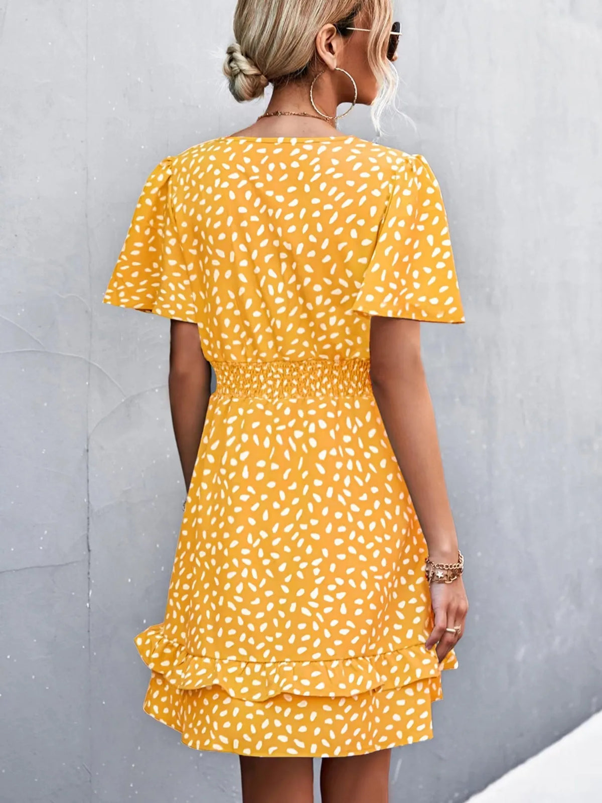 V-Neck Flutter Sleeve Mini Dress by Elaine