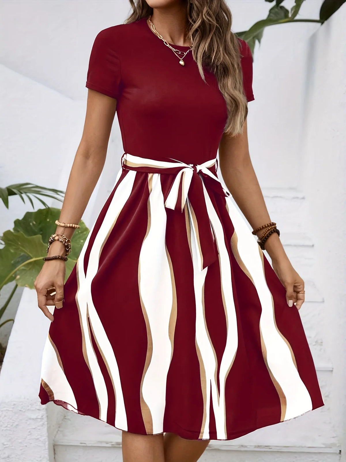 Striped Short Sleeve Tie Waist Dress by Classic Comfort