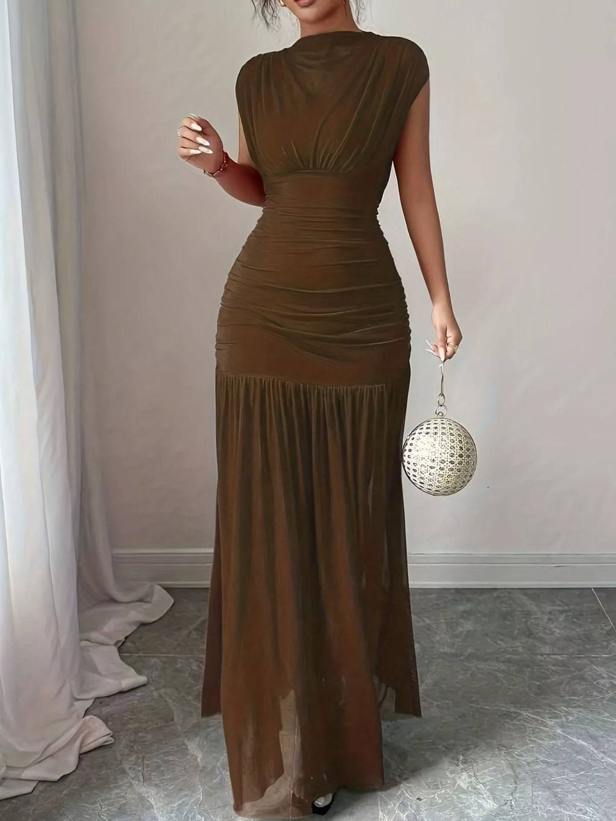 Ruched Bodycon Maxi Dress in Brown