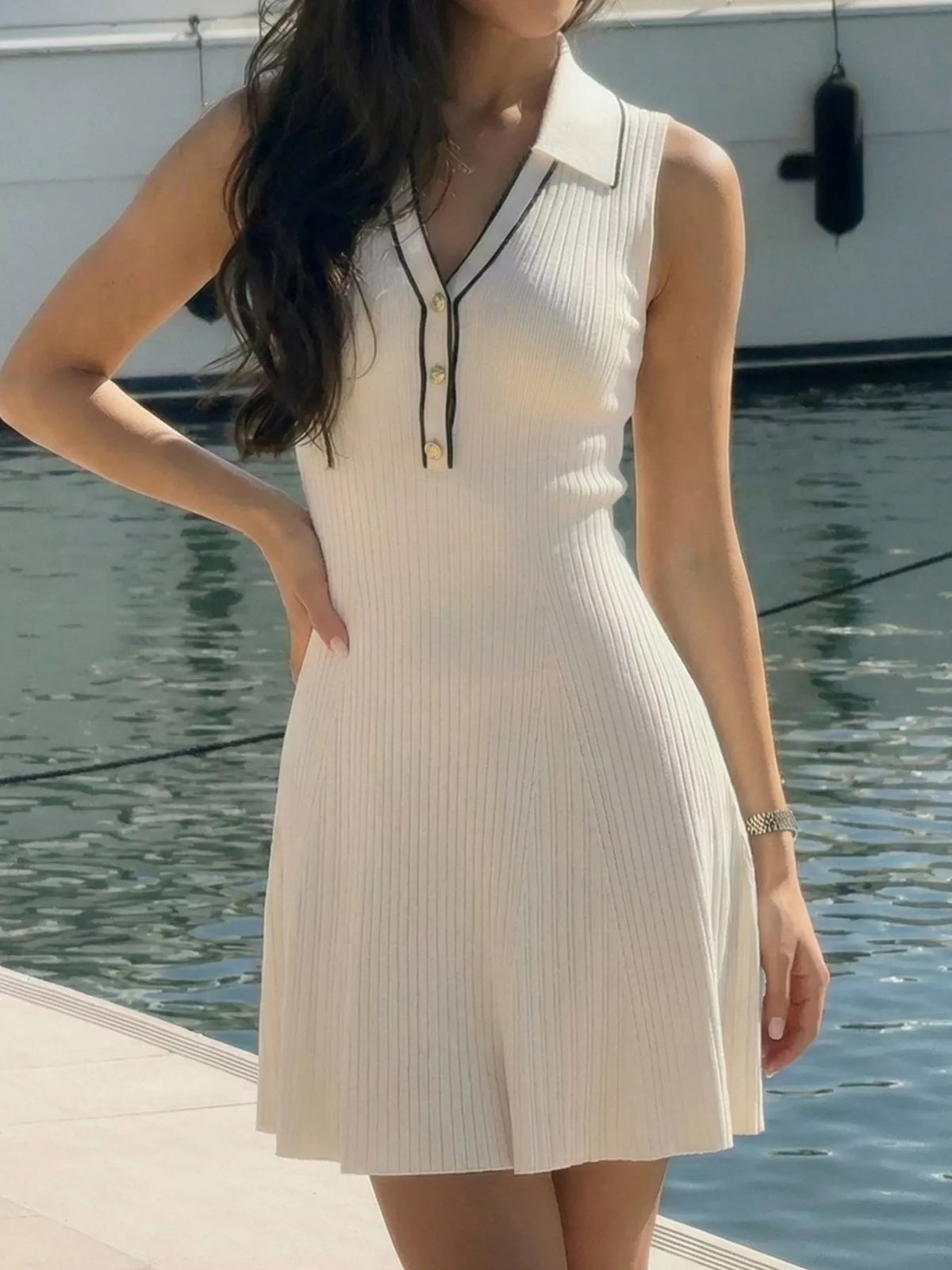 Ribbed Knit Polo Sweater Dress in Beige