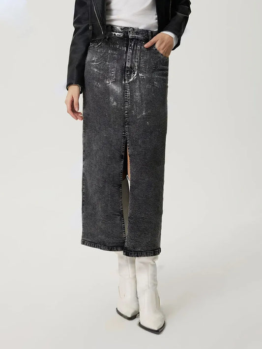 Slit Midi Denim Skirt in Black