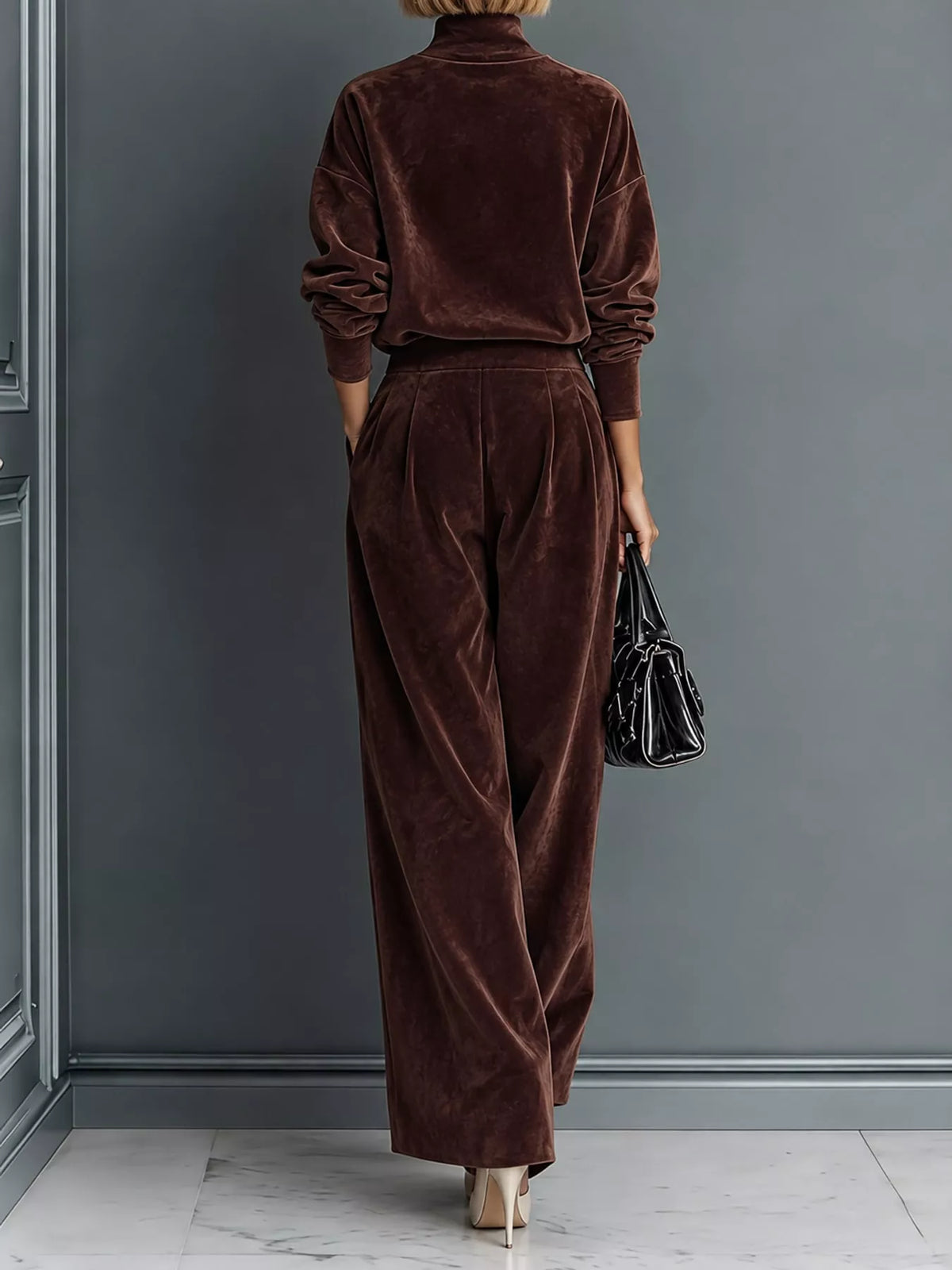 Velvet Mock Neck Top and Wide-Leg Pants Set