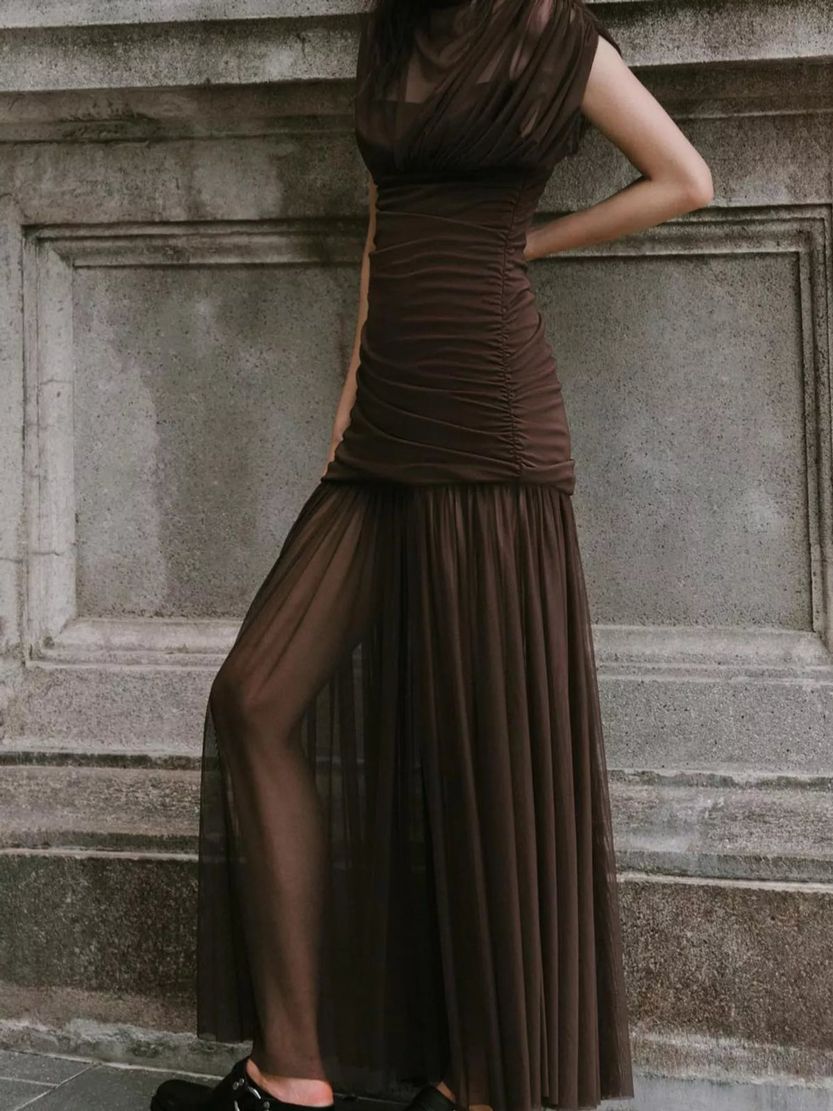 Mock Neck Ruched Mesh Maxi Dress