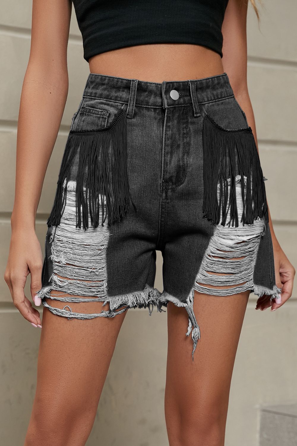 Fringe Trim Distressed Denim Shorts with Pockets by Manny