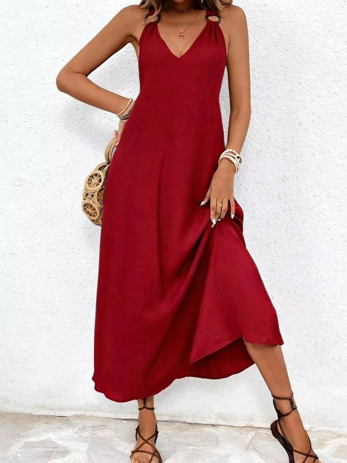 V-Neck Sleeveless Midi Dress in Burgundy