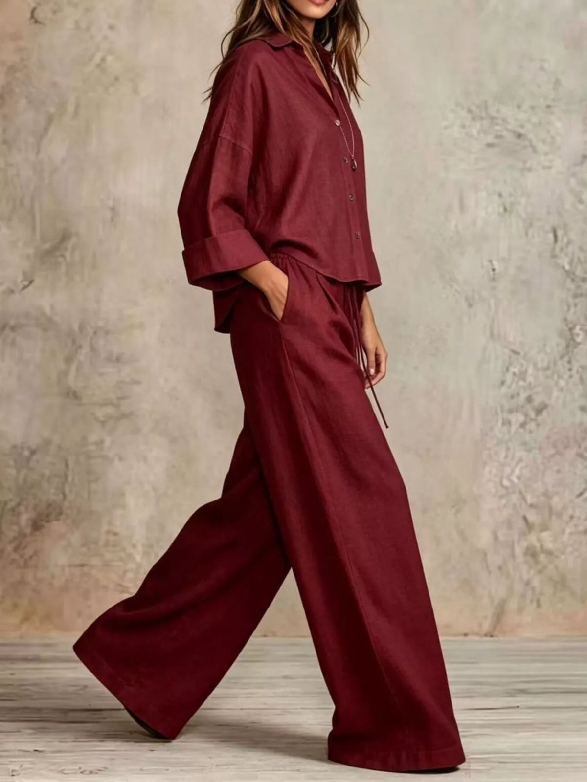 Button-Down Shirt and Wide-Leg Pants Set