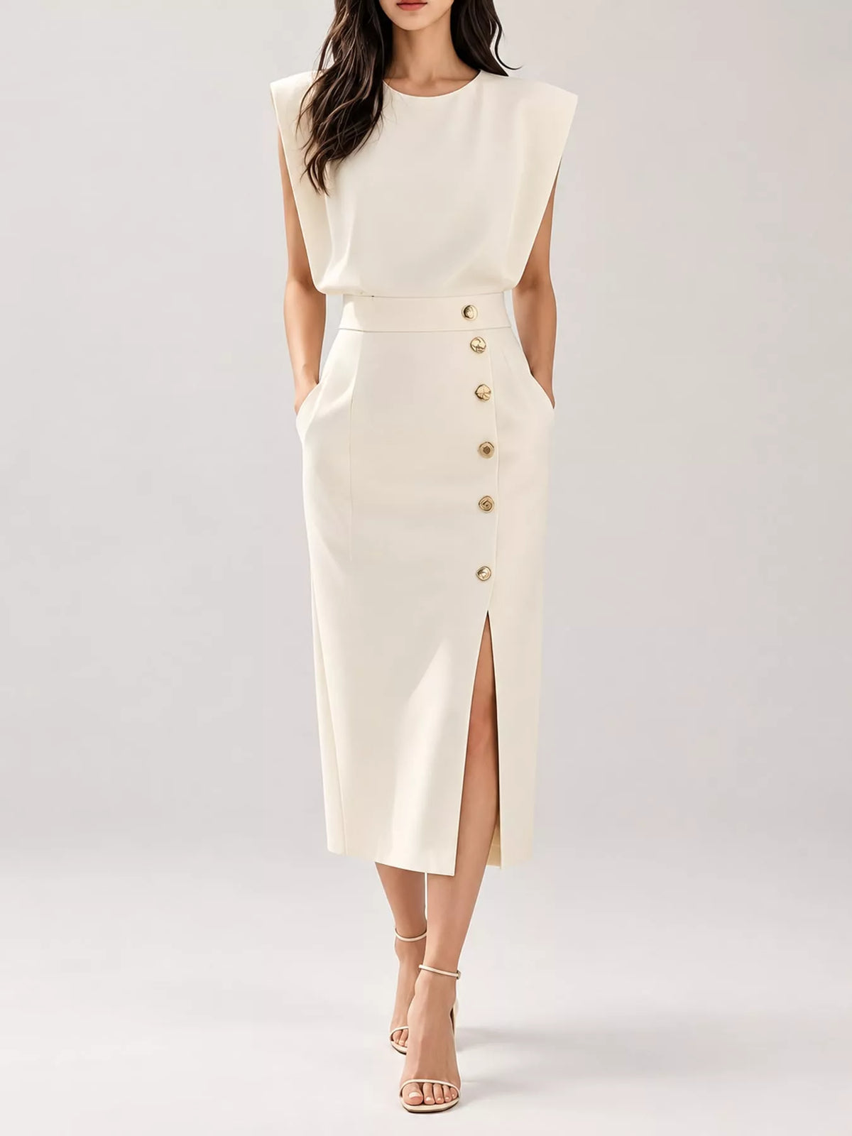 Sleeveless Midi Dress with Gold Button Detail