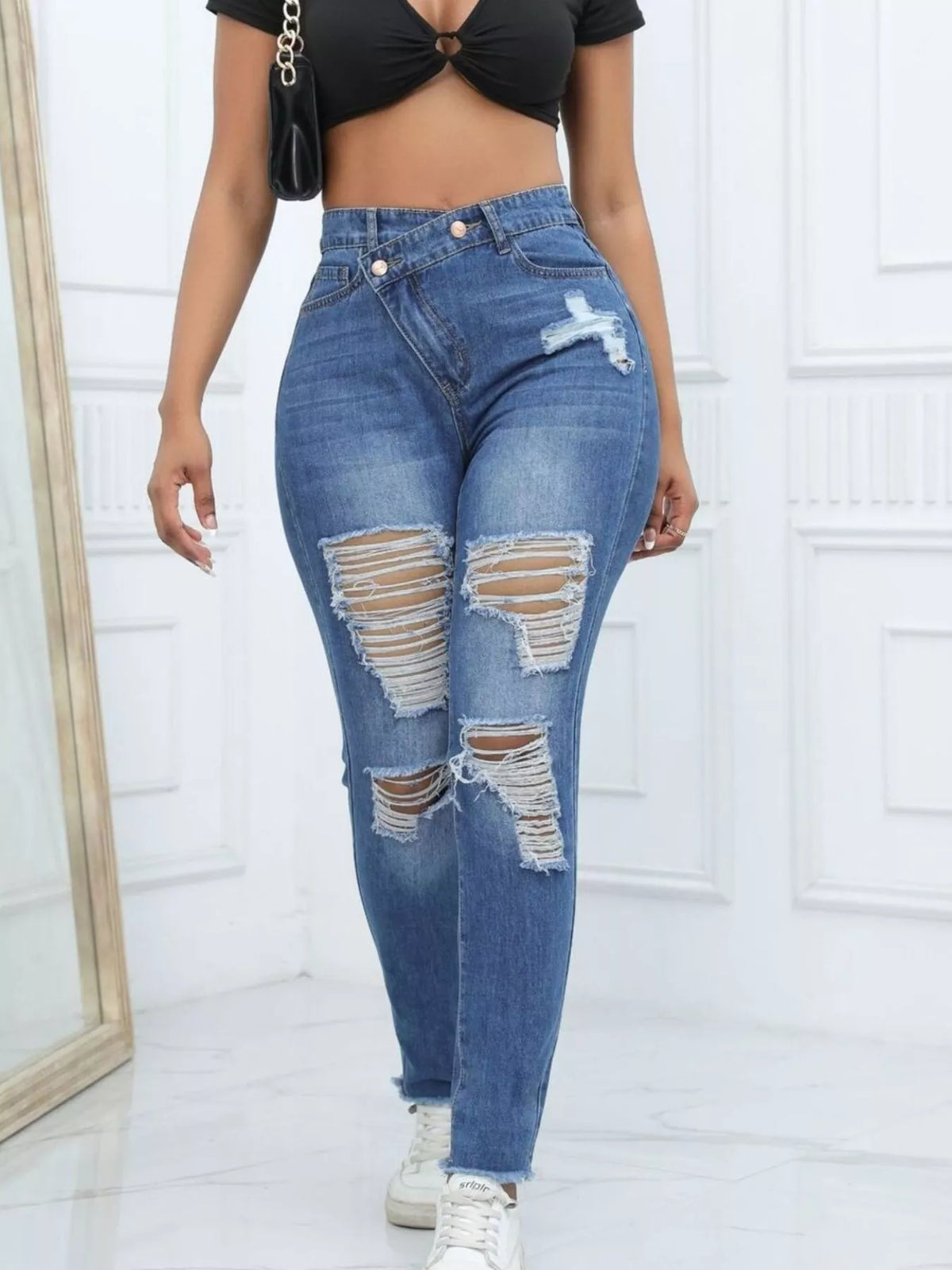 Distressed Raw Hem High-Waisted Jeans