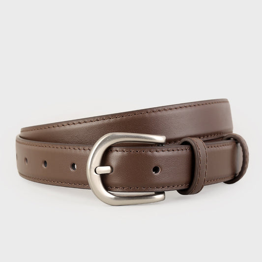 Ilussa Classic Leather Belt with Silver Buckle — Coffee