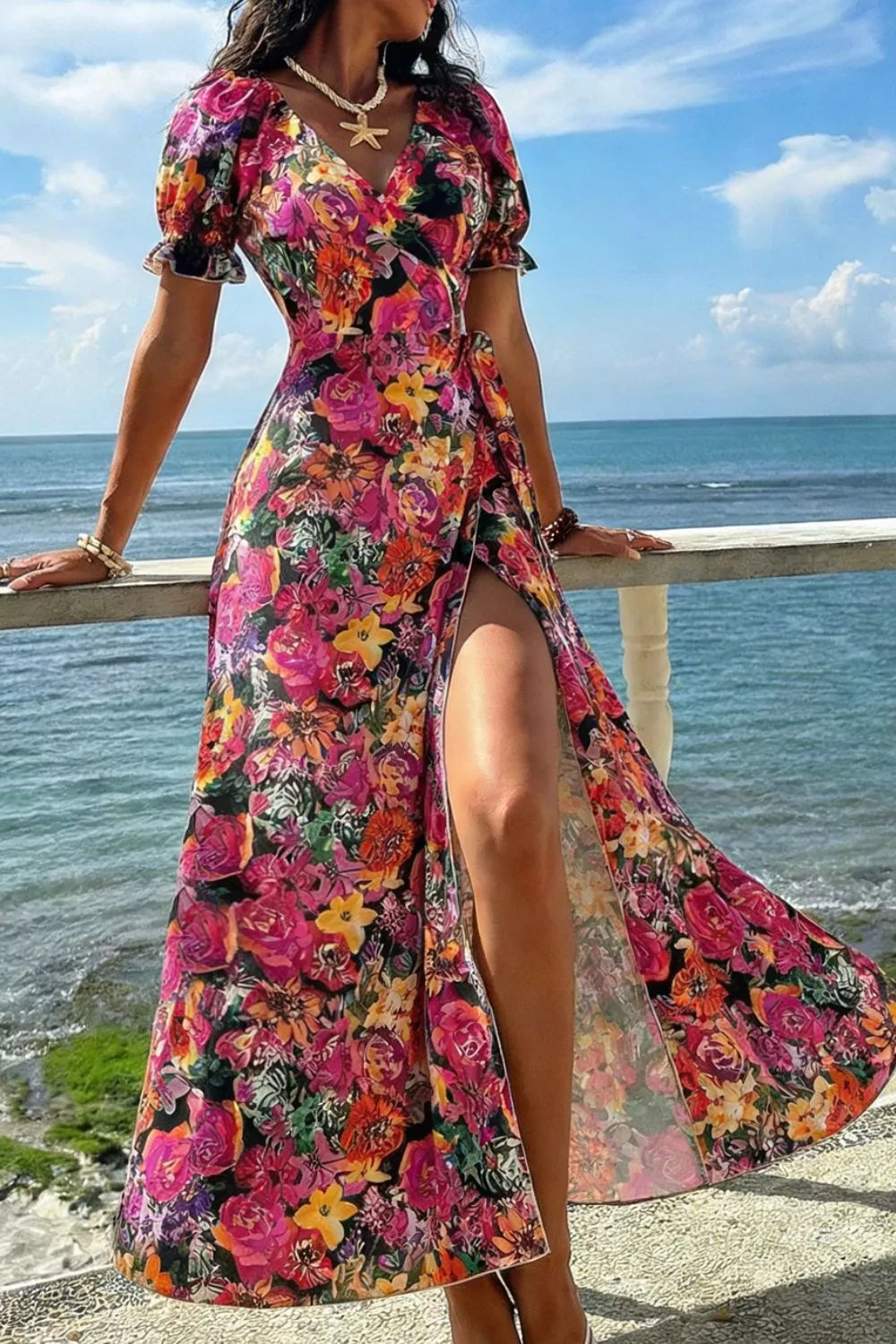 Floral Short-Sleeve Maxi Dress with Tie Detail