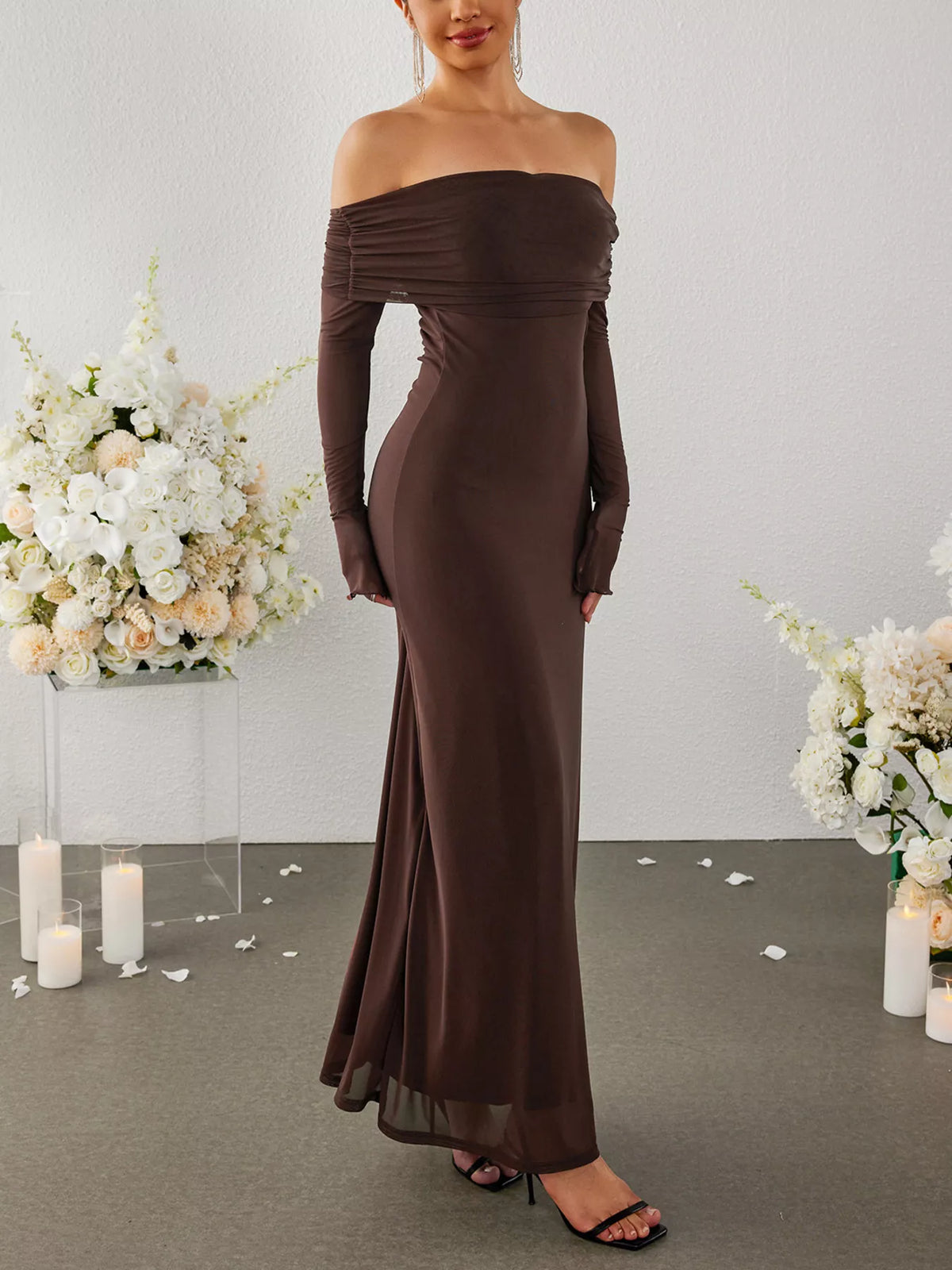 Off-Shoulder Ruched Long Sleeve Maxi Dress