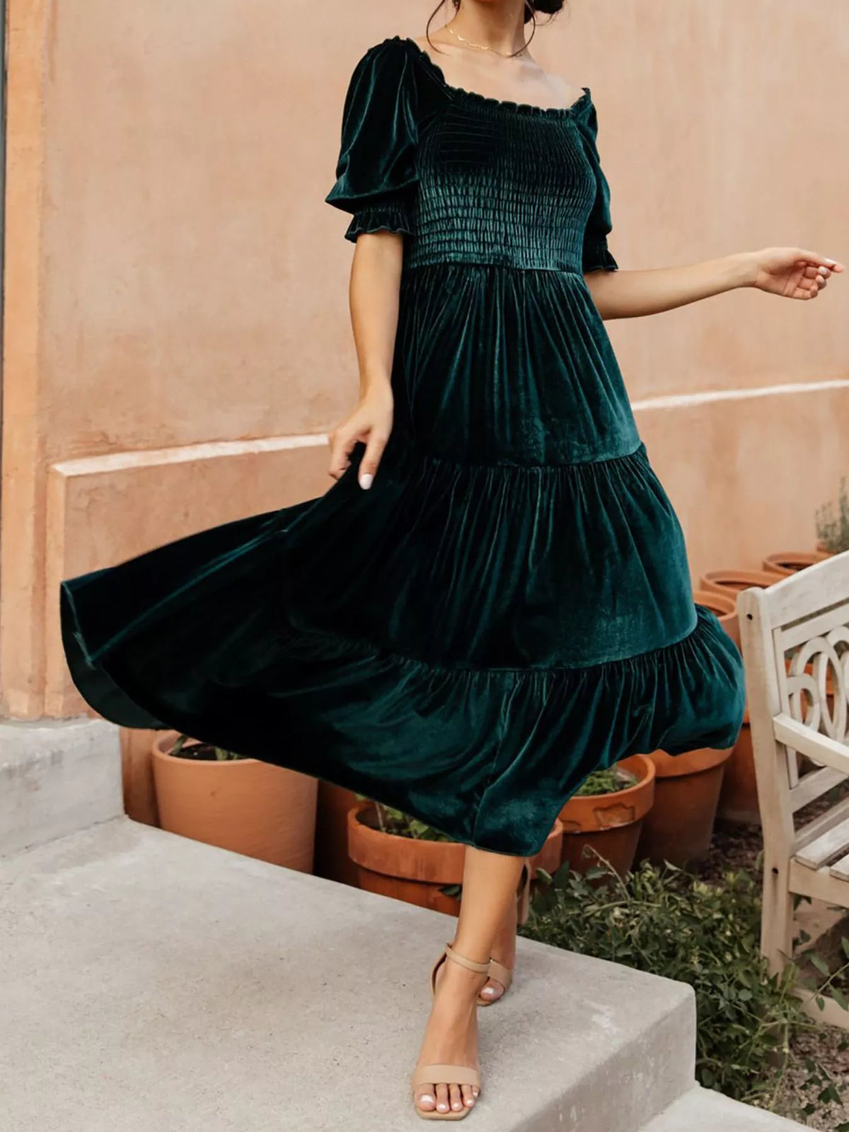 Smocked Tiered Velvet Midi Dress