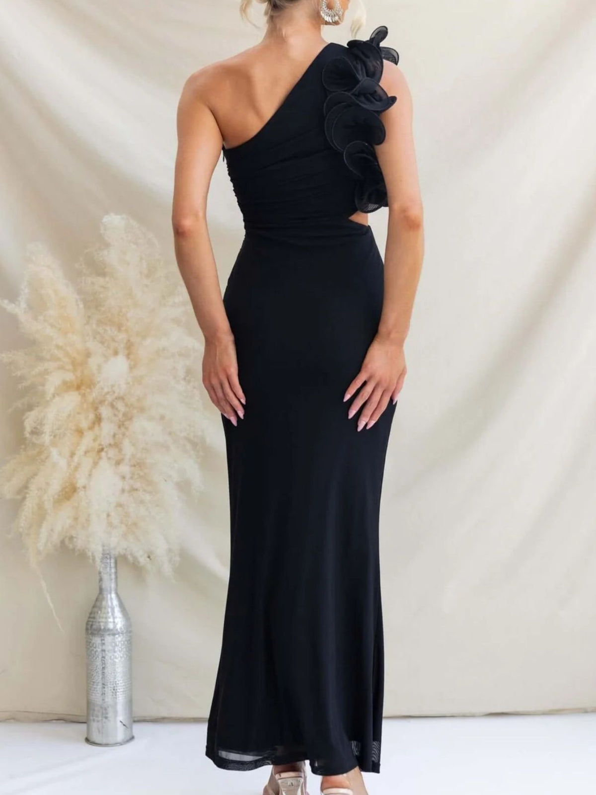 One-Shoulder Floral Trim Maxi Dress