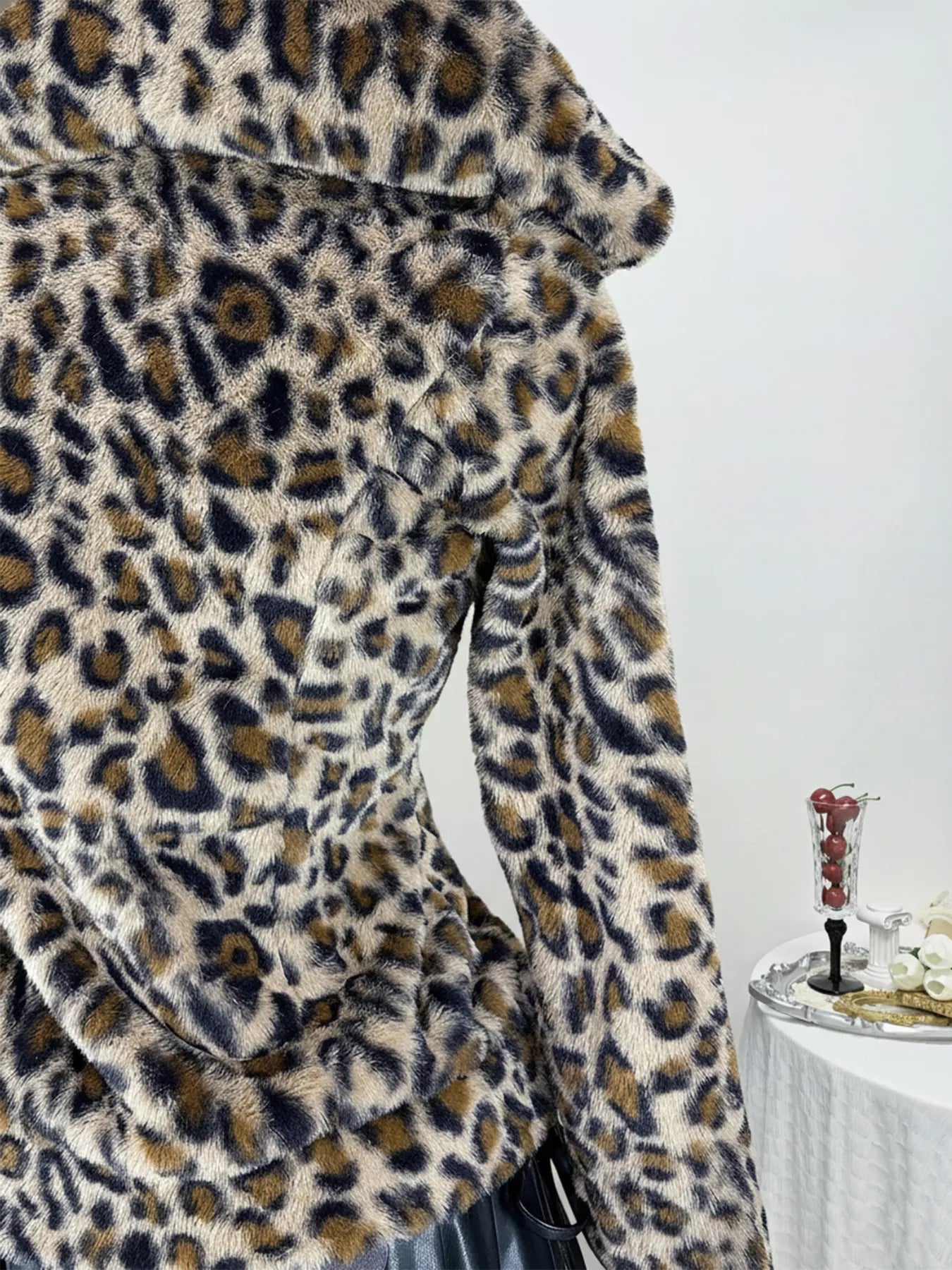 Leopard Plush Hooded Zip-Up Jacket in Brown