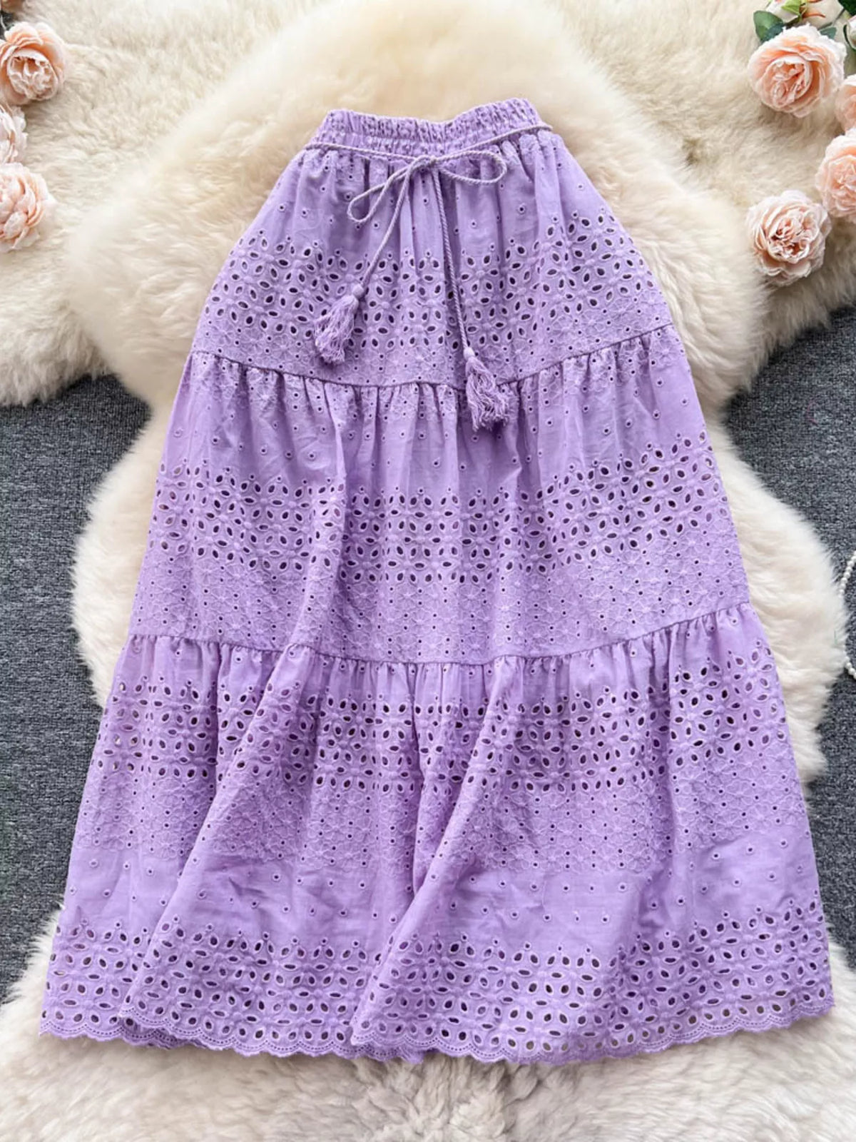 Eyelet Cutout Tiered Maxi Skirt