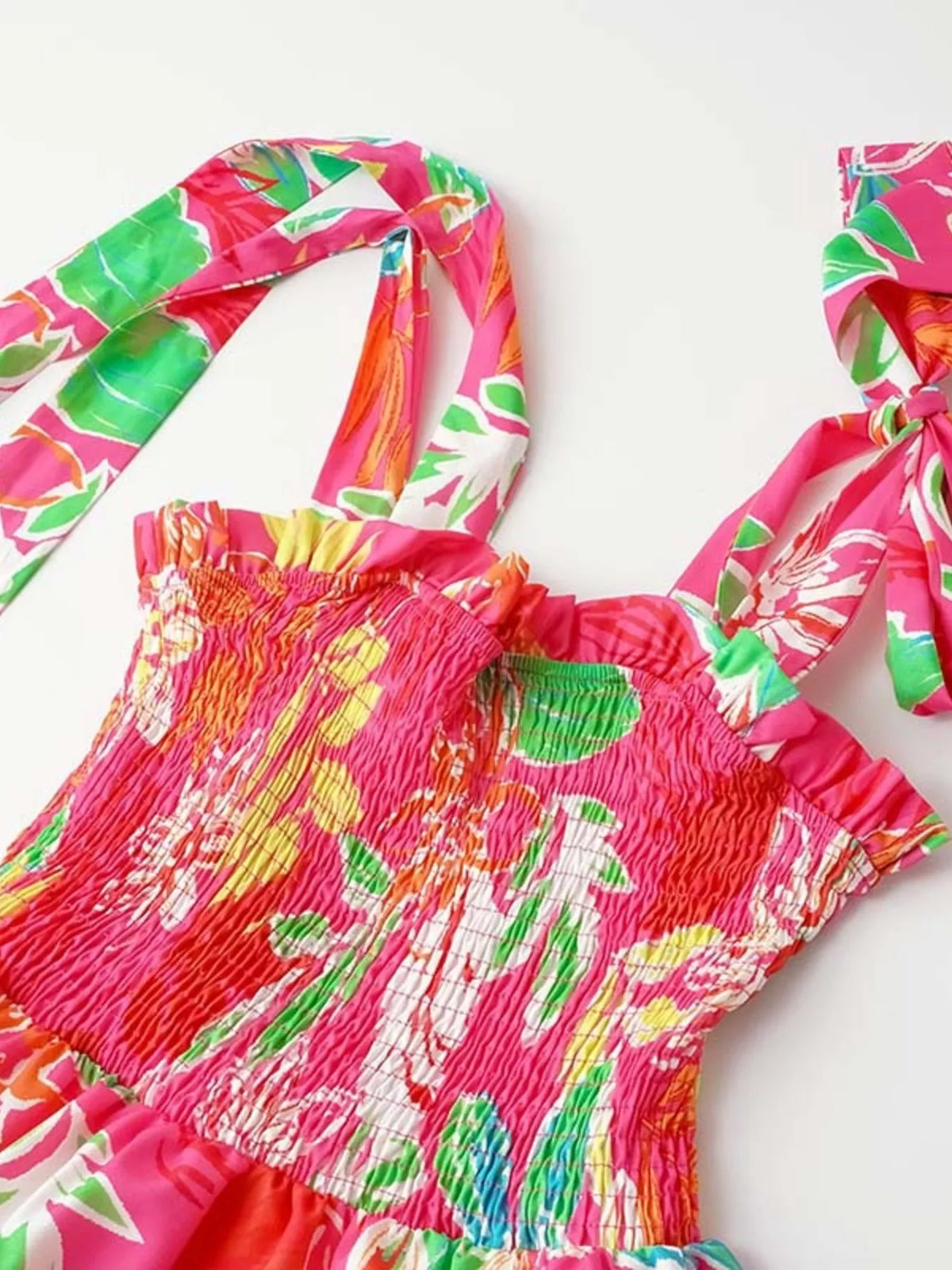 Tropical Print Smocked Tie-Strap Dress in Green