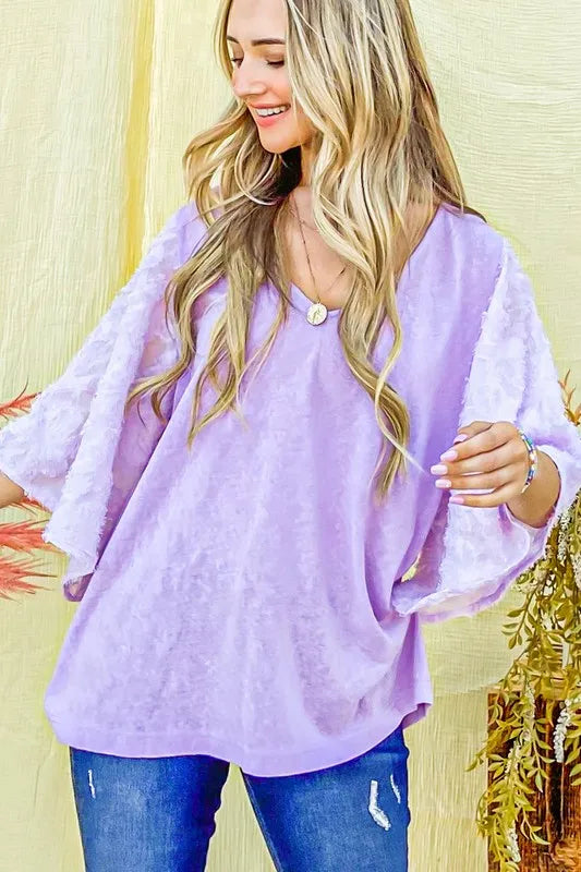 And The Why Feather-Detail Slub Top in Lilac