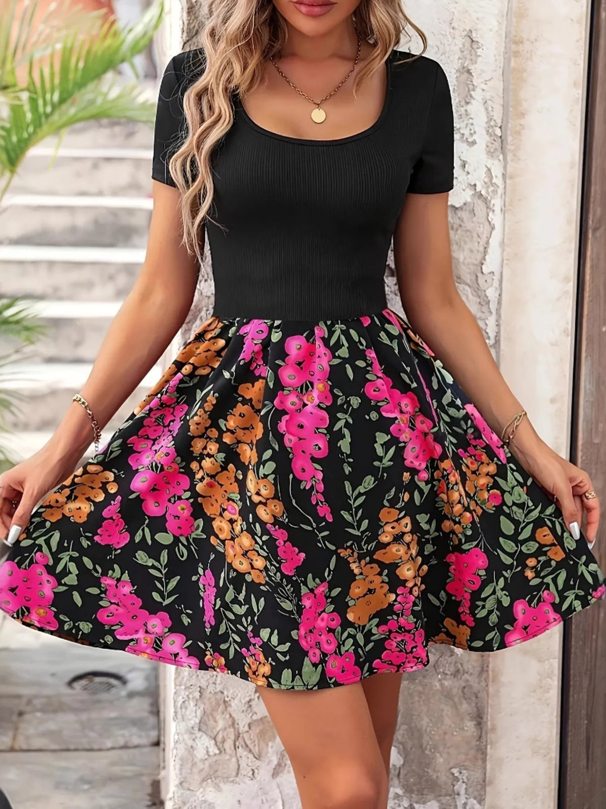Short Sleeve Floral Mini Dress by Classic Comfort