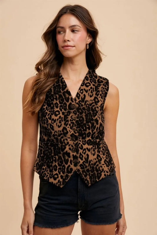 Annie Wear Leopard Denim Vest in Mocha