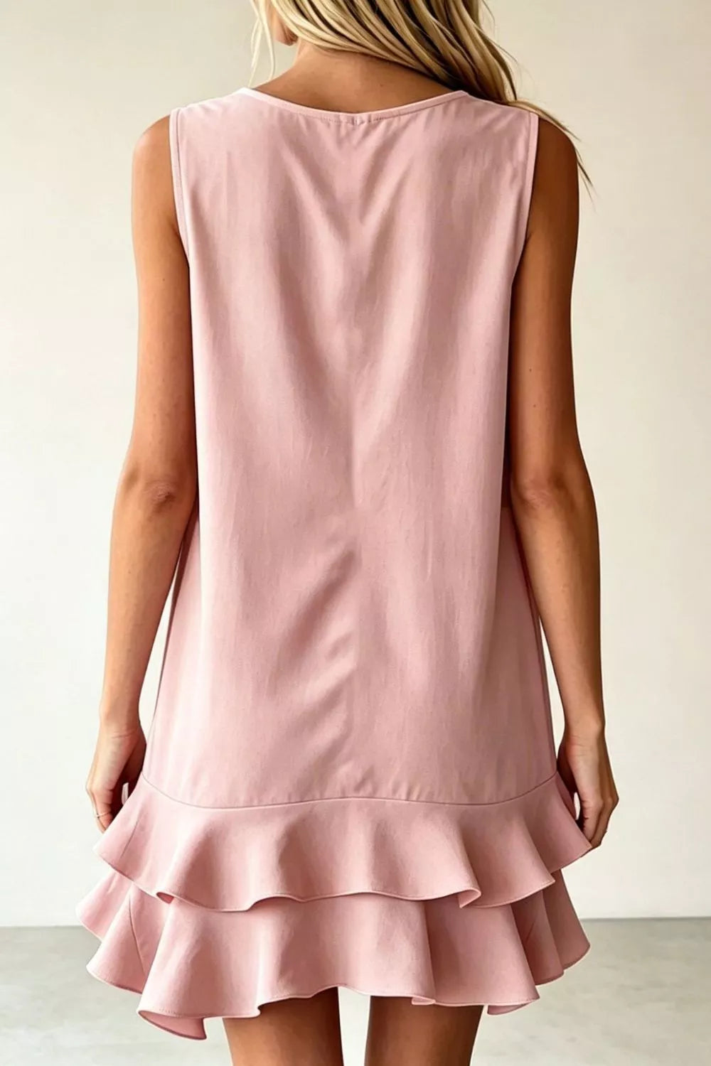 Sleeveless V-Neck Ruffle Hem Mini Dress in Beige
