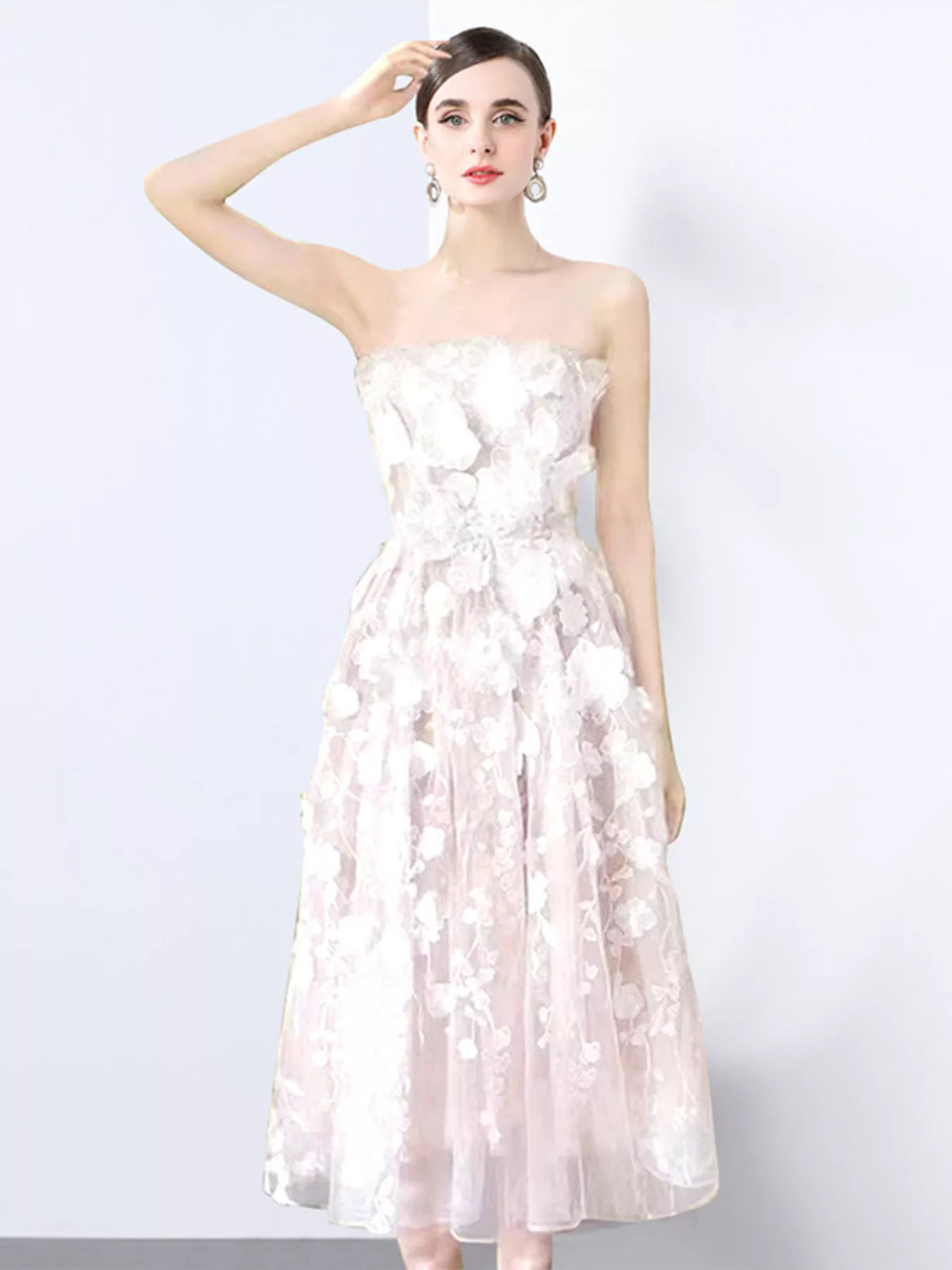 Strapless Floral Applique Midi Dress with Lace Detail