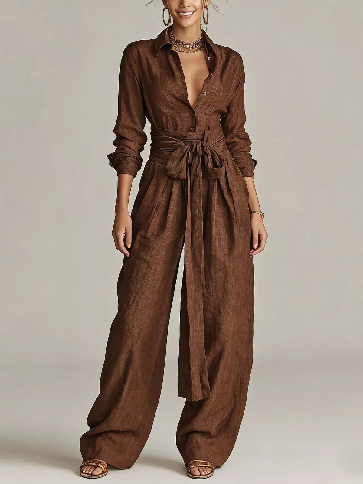 Long-Sleeve Button-Down Waist-Tie Jumpsuit