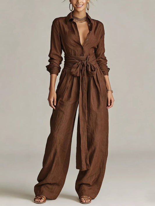 Long-Sleeve Button-Down Waist-Tie Jumpsuit