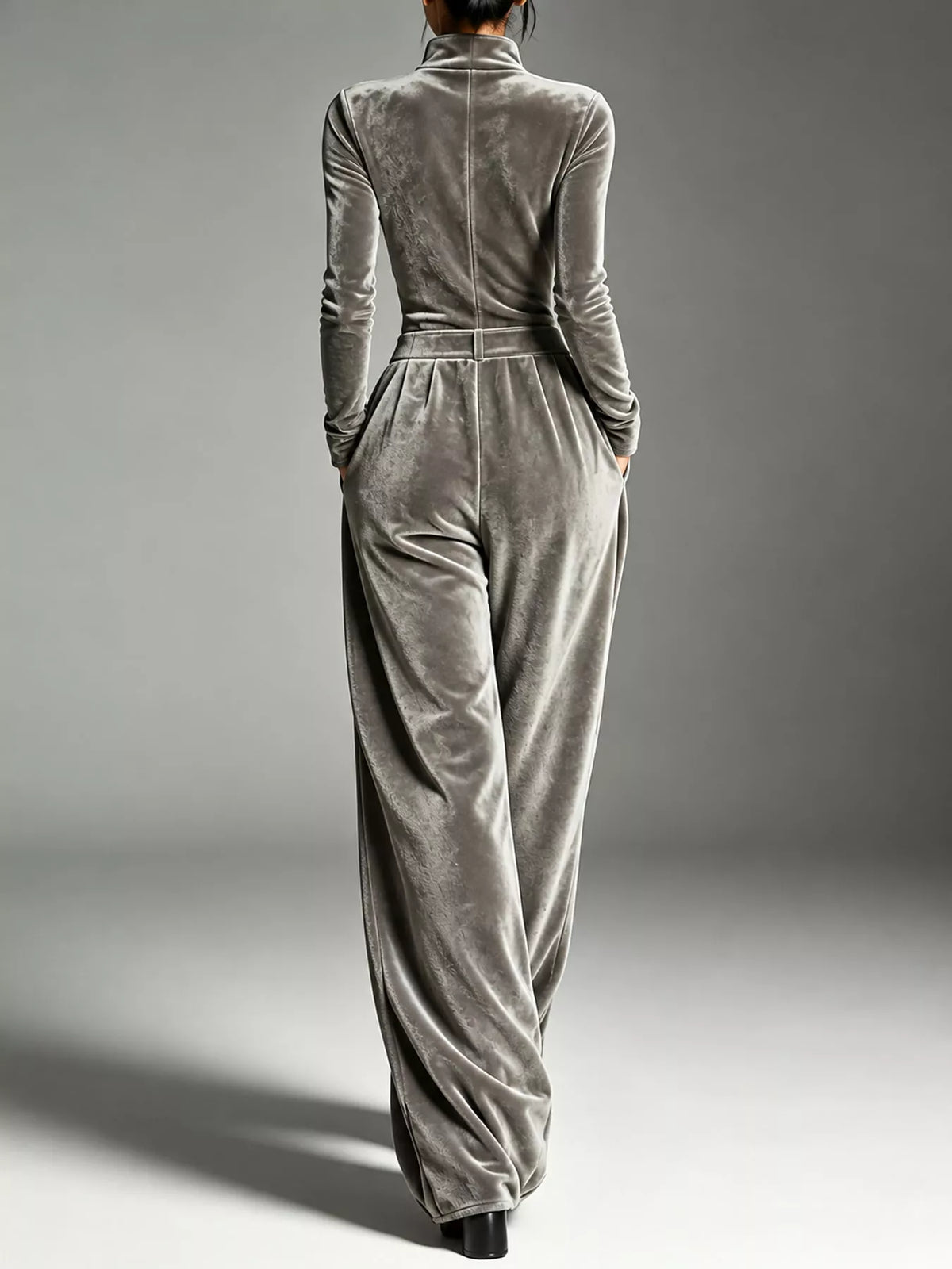 Velvet Zip-Up Jumpsuit with Tie Waist