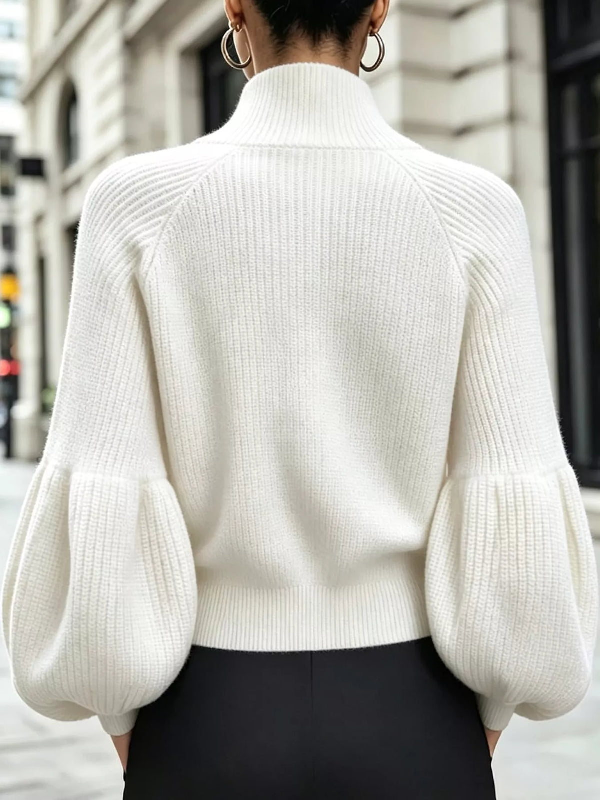Ribbed Knit Zip-Up Cardigan with Lantern Sleeves