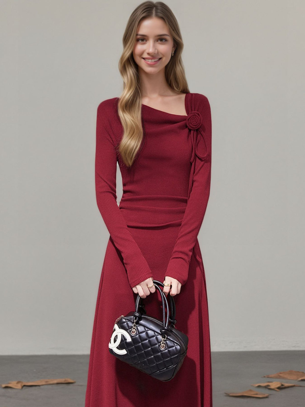 Tied Asymmetrical-Neckline Long Sleeve Dress in Red